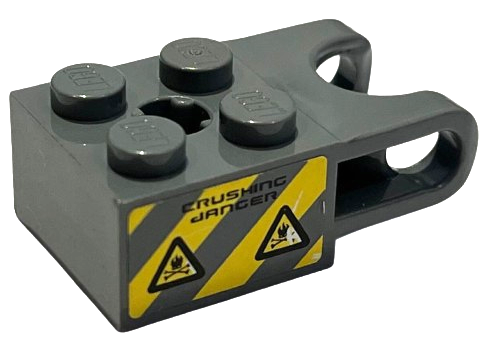 Technic, Brick Modified 2 x 2 with Ball Socket and Axle Hole - Straight Forks with Round Ends and Open Sides with Danger Stripes and 'CRUSHING DANGER' Pattern (Sticker) - Set 7984