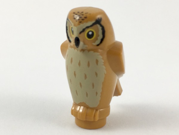 Owl, Angular Features with Black Beak and Forehead Spots, Yellow Eyes, and Tan Chest Feathers Pattern