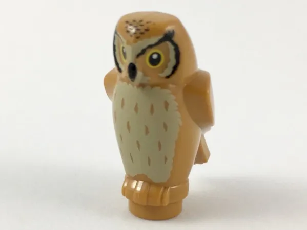 Owl, Angular Features with Black Beak and Forehead Spots, Yellow Eyes, and Tan Chest Feathers Pattern