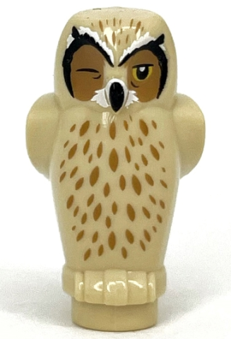 Owl, Angular Features with Black Beak, Yellow Eyes with One Closed, and Medium Nougat Chest Feathers and Forehead Spots Pattern
