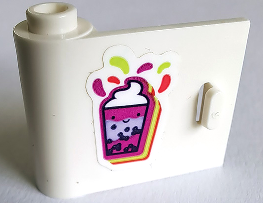 Door 1 x 3 x 2 Left - Open Between Top and Bottom Hinge with Magenta and Dark Purple Bubble Tea Cup with Face Pattern (Sticker) - Set 41733