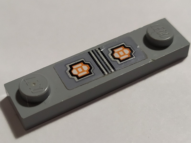 Plate, Modified 1 x 4 with 2 Studs without Groove with Silver Lines and Bright Light Orange Pattern (Sticker) - Set 70322