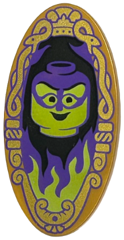 Minifigure, Shield Elliptical with Lime and Dark Purple Minifigure Head on Black Background with Flames and Ornate Border Pattern (Magic Mirror)