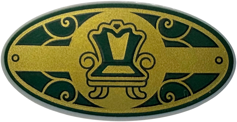 Minifigure, Shield Elliptical with Gold and Dark Green Ornate Chair and Scrollwork Pattern