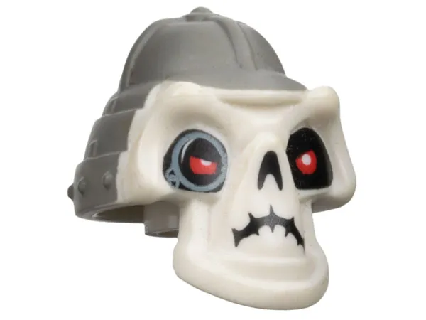 Minifigure, Head, Modified Skull with Red Eyes, Dark Bluish Gray Helmet, and Monocle Pattern