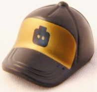Minifigure, Headgear Cap - Short Curved Bill with Seams and Button on Top with Minifigure Head Silhouette on Gold Background Pattern