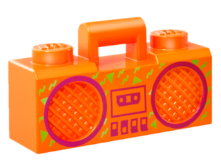 Minifigure, Utensil Radio Boom Box with Bar Handle with Magenta Cassette Player, Switches and Rimmed Speakers, Lime Zig Zags and Triangles Pattern
