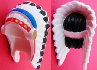 Minifigure, Headgear Headdress Indian with Colored Feathers, Gold Dots on Red and Black Hair on Back Pattern