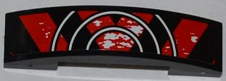 Slope, Curved 4 x 1 x 2/3 Double with Red and Black Danger Stripes and 3 White Half Circles Pattern (Sticker) - Set 9092