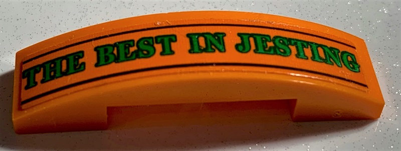 Slope, Curved 4 x 1 x 2/3 Double with Green 'THE BEST IN JESTING' and Black Lines Pattern (Sticker) - Set 75978