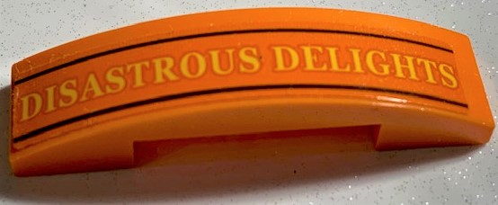 Slope, Curved 4 x 1 x 2/3 Double with Yellow 'DISASTROUS DELIGHTS' and Black Lines Pattern (Sticker) - Set 75978