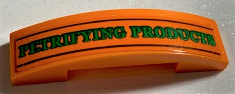 Slope, Curved 4 x 1 x 2/3 Double with Green 'PETRIFYING PRODUCTS' and Black Lines Pattern (Sticker) - Set 75978