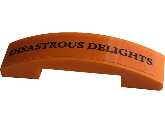 Slope, Curved 4 x 1 x 2/3 Double with Black 'DISASTROUS DELIGHTS' Pattern (Sticker) - Set 76422