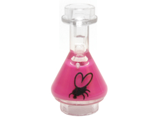 Minifigure, Utensil Bottle, Erlenmeyer Flask with Molded Magenta Fluid and Printed Black Fly Pattern