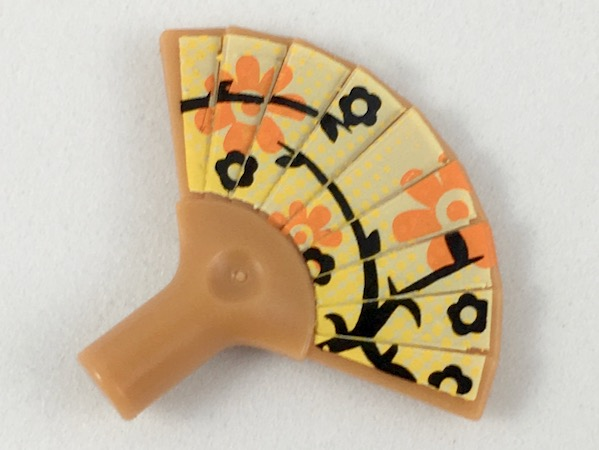 Minifigure, Utensil Hand Fan with Black and Orange Flowers and Yellow Dots on Bright Light Yellow Background Pattern