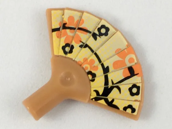 Minifigure, Utensil Hand Fan with Black and Orange Flowers and Yellow Dots on Bright Light Yellow Background Pattern