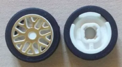 Wheel 11mm D. x 6mm with 8 'Y' Spokes with Gold Outline Pattern with Black Tire 14mm D. x 6mm Solid Smooth (93595pb01 / 50945)