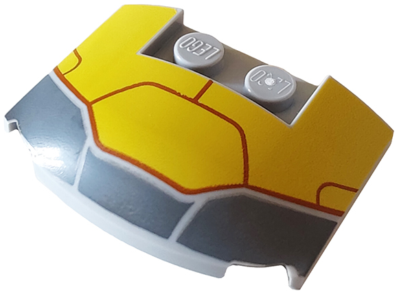 Wedge 3 x 4 x 2/3 Triple Curved with Dark Bluish Gray and Yellow Armor Plates and Dark Red Lines Pattern