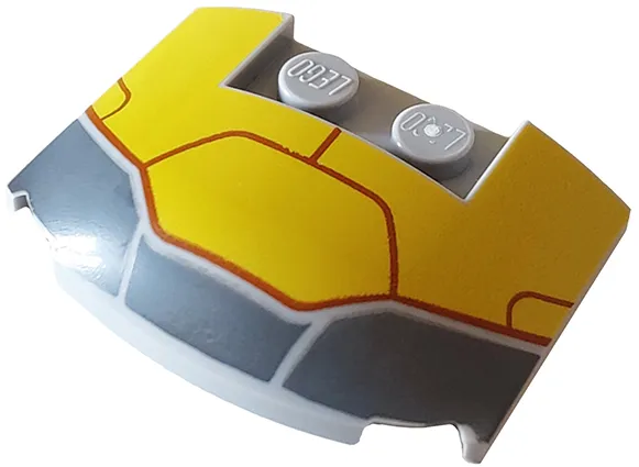Wedge 3 x 4 x 2/3 Triple Curved with Dark Bluish Gray and Yellow Armor Plates and Dark Red Lines Pattern