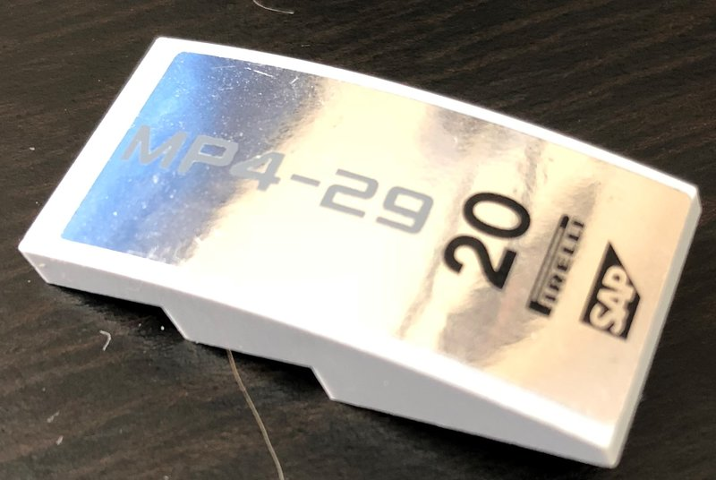 Slope, Curved 4 x 2 with Light Bluish Gray 'MP4-29', Black '20', Pirelli Logo, and SAP Logo on Silver Mirrored Background Pattern (Sticker) - Set 75911