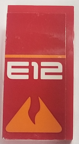 Slope, Curved 4 x 2 with Orange Line and Broken Triangle and White 'E12' Pattern (Sticker) - Set 70615