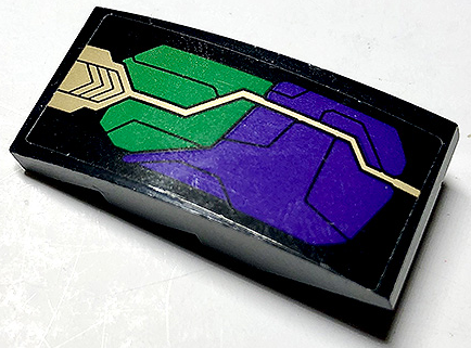 Slope, Curved 4 x 2 with Dark Purple and Green Armor Plates and Gold Circuitry Pattern Model Left Side (Sticker) - Set 76097