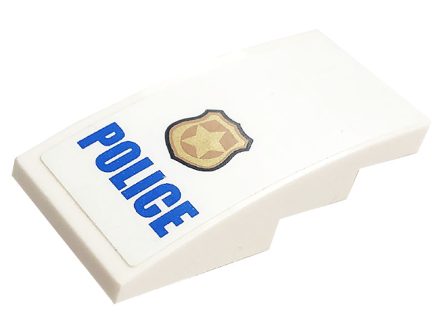 Slope, Curved 4 x 2 with Black Outlined Gold Badge and Blue 'POLICE' Pattern (Sticker) - Set 60141