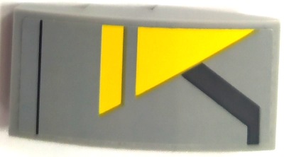 Slope, Curved 4 x 2 with Yellow Triangle and Angled Dark Bluish Gray Stripe Pattern Model Right Side (Sticker) - Set 75150