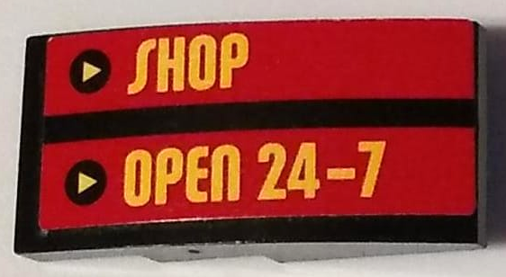 Slope, Curved 4 x 2 with Yellow 'SHOP' and 'OPEN 24-7' Pattern (Sticker) - Set 60132