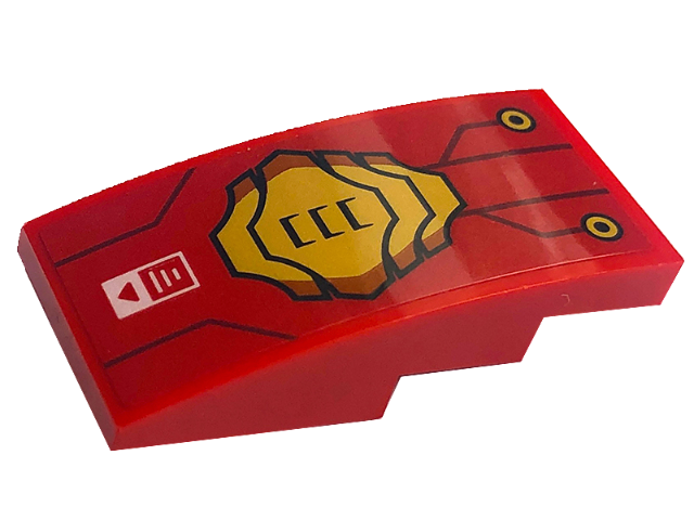 Slope, Curved 4 x 2 with Gold Armor and Circles, Dark Red Lines, and White Rectangle with Red Arrow Pattern (Sticker) - Set 71773