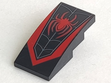 Slope, Curved 4 x 2 with Red Spider and Dark Bluish Gray Web Pattern