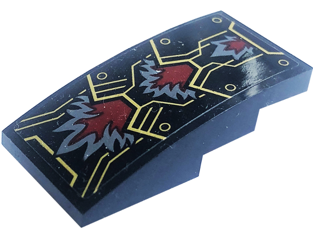 Slope, Curved 4 x 2 with Armor Plates with Gold Rivets and Outlines, Dark Bluish Gray and Dark Red Fur Pattern (Sticker) - Set 71790