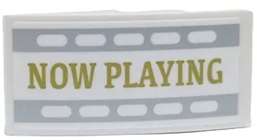 Slope, Curved 4 x 2 with Gold 'NOW PLAYING' with Light Bluish Gray Filmstrip Edges Pattern Model Left Side (Sticker) - Set 41448