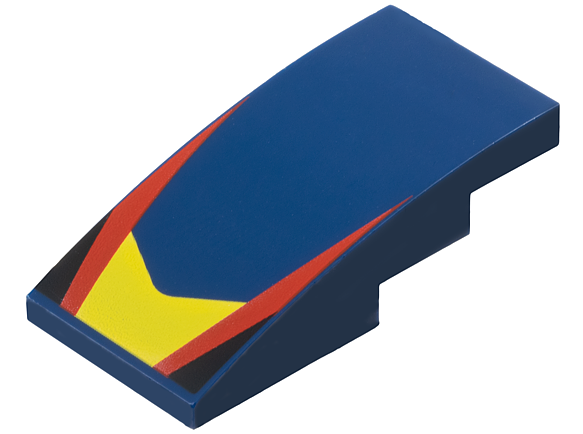 Slope, Curved 4 x 2 with Yellow V-Shaped Center Panel, Red Stripes, Black Triangles Pattern