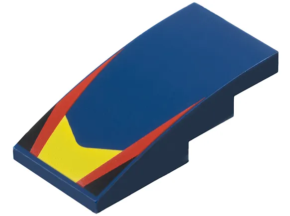 Slope, Curved 4 x 2 with Yellow V-Shaped Center Panel, Red Stripes, Black Triangles Pattern
