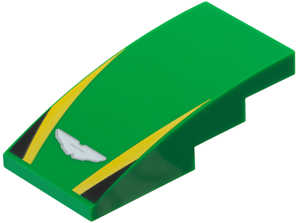 Slope, Curved 4 x 2 with Silver and White Aston Martin Logo, Yellow Stripes, Black Triangles Pattern