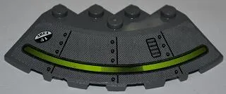 Brick, Round Corner 6 x 6 with Slope 33 Edge, Facet Cutout with Alien Ship Dark Gray Pattern and 'AREA 51' (Sticker) - Set 7052