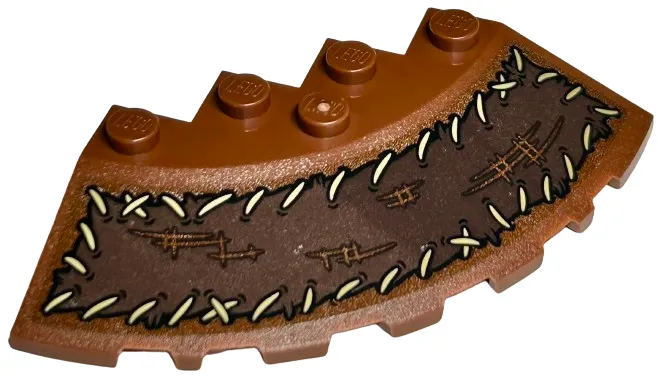 Brick, Round Corner 6 x 6 with Slope 33 Edge, Facet Cutout with Dark Brown Fabric with Tears and Tan Stitching Pattern (Sticker) - Set 76429