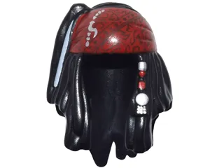 Minifigure, Hair Dreadlocks with Beads and Dark Red Brocade Bandana Pattern