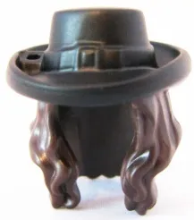 Minifigure, Hair Combo, Hair with Hat, Long Wavy with Black Hat with Buckle Pattern