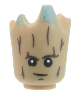 Minifigure, Head, Modified Groot with Dark Brown Tree Bark, Sand Green Moss, Black Eyes with White Pupils, Lopsided Grin Pattern