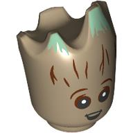 Minifigure, Head, Modified Groot with Reddish Brown Tree Bark, Sand Green Moss, Black Eyes with White Pupils and Open Mouth Pattern