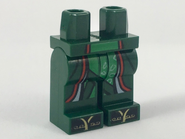 Hips and Legs with Long Robe Tail with Red Hem over Bright Green Tunic, Gold Zori Sandals Pattern