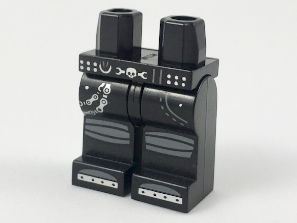 Hips and Legs with Skull and Wrench Buckle, Silver Chain on Right Pocket, Dark Bluish Gray Knee Wrappings, Silver Toes Pattern