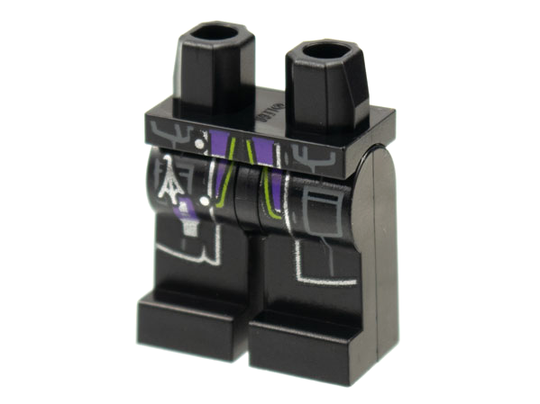 Hips and Legs with Black Lab Coat with Dark Bluish Gray Pockets and Silver Trim, USB Key Chain and Dark Purple and Lime Undershirt Pattern