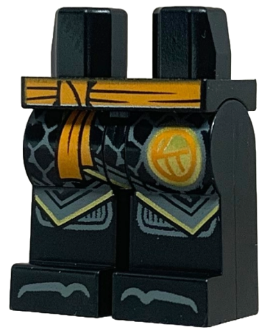 Hips and Legs with Orange Sash, Ninjago Logogram Letter C in Circle, Dark Bluish Gray Robe Ends with Gold Trim, Knee Pads and Toes Pattern