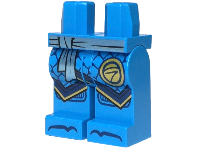 Hips and Legs with Metallic Light Blue Sash, Ninjago Logogram Letter N in Circle, Dark Blue Robe Ends with Gold Trim, Knee Pads and Toes Pattern