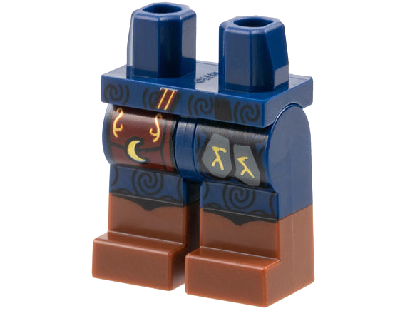 Hips and Legs with Molded Reddish Brown Lower Legs / Boots and Printed Black Spirals, Dark Red Pouch with Gold Moon, Dark Bluish Gray Stones Pattern