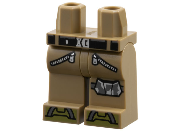 Hips and Legs with Black Belt, Silver Buckle and Zippers, Dark Bluish Gray and Silver Kneepad Left and Olive Green Toes Pattern