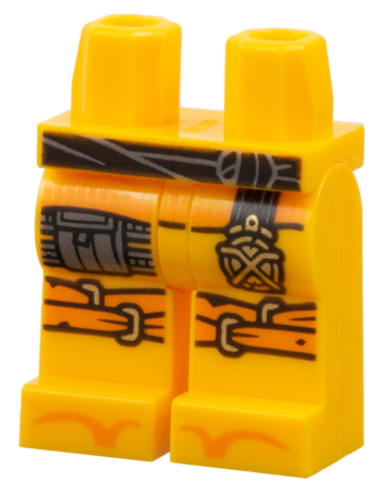 Hips and Legs with Black Waist Sash with Hanging Gold Medallion End, Dark Bluish Gray Pouch, Orange Knee Straps with Slides, Shoe Tips Pattern